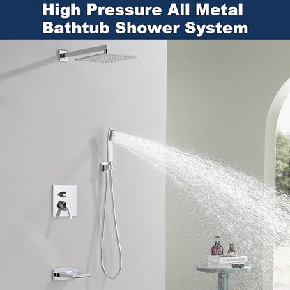 Shower System with Tub Spout, All Metal Bathtub Shower Faucet Set with High Pressure 10 Inch Rain Shower Head and Handheld Shower Head Set, Chrome (Valve Include) - Image 2