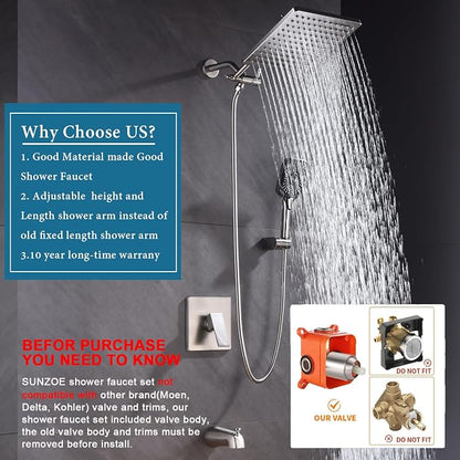 Shower Faucet Set with Tub Spout Brushed Nickel 10 Inch Rainfall Shower 4 Setting Spray Mixer Shower System Modern Luxury Wall Mounted Tub Shower Faucet Set Rough-in Valve Body (Brushed Nickel) - Image 2