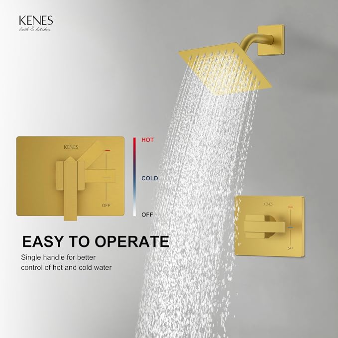 KENES Brushed Gold Shower Faucet, Modern Square 6-Inch Shower Head and Handle Set, Bathroom Rainfall Shower System Wall Mount, KE-6025B-4 (Including Shower Valve) - Image 4