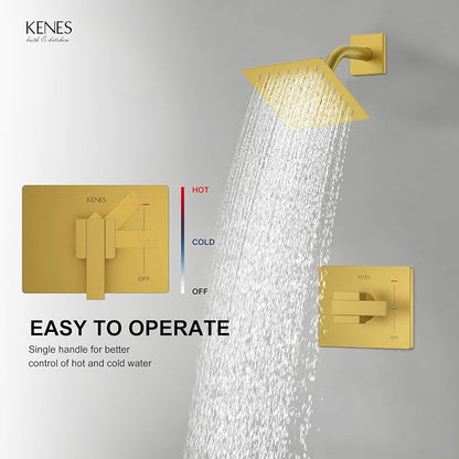 KENES Brushed Gold Shower Faucet, Modern Square 6-Inch Shower Head and Handle Set, Bathroom Rainfall Shower System Wall Mount, KE-6025B-4 (Including Shower Valve) - Image 4