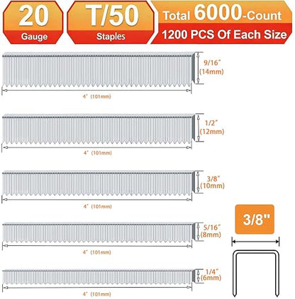 20 Gauge T/50 Staples, 1/4"+5/16"+3/8"+1/2"+9/16":6000pcs | Galvanized Nails - Image 2