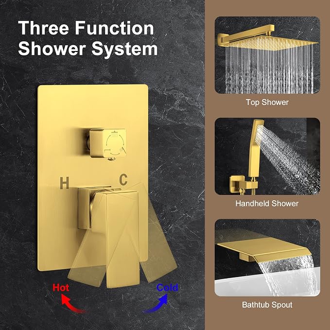 JOMEOO® 12 Inch Brushed Gold Shower Head with Tub Spout, 3 Function Wall Mounted Bathtub Shower Faucet Set, Bathroom High Pressure Rain Shower Head with Handheld Sprayer Rough in Valve Body and Trim - Image 7
