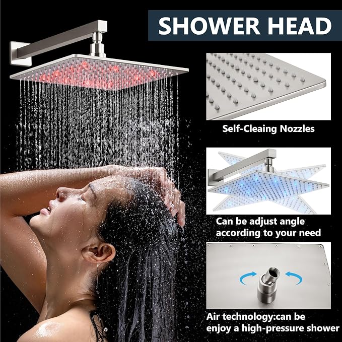 Aolemi Shower Faucet Set with Handheld Spray High Pressure Shower System Shower Faucets Sets Complete Rough-in Valve and Shower Trim Kit Wall Mount Rainfall 10 Inch LED Shower Head Brushed Nickel - Image 3