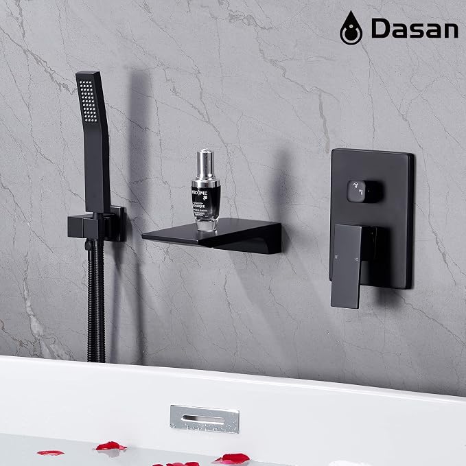 DASAN Waterfall Tub Filler Faucet Wall Mount with Hand Shower, Modern Wall Mounted Bathtub Faucet Matte Black Tub Faucet with High Flow Rough in Valve, SA-TF01WH-MB - Image 5