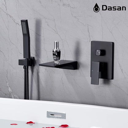 DASAN Waterfall Tub Filler Faucet Wall Mount with Hand Shower, Modern Wall Mounted Bathtub Faucet Matte Black Tub Faucet with High Flow Rough in Valve, SA-TF01WH-MB - Image 5
