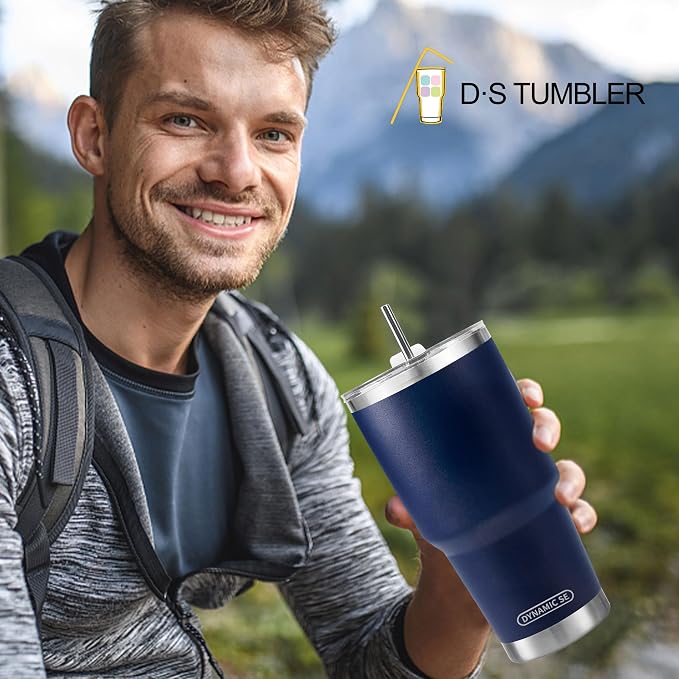 D·S 30 oz Navy Tumbler Stainless Steel Double Wall Vacuum Insulated Mug with Straw and Lid, Cleaning Brush for Cold and Hot Beverages - Image 5