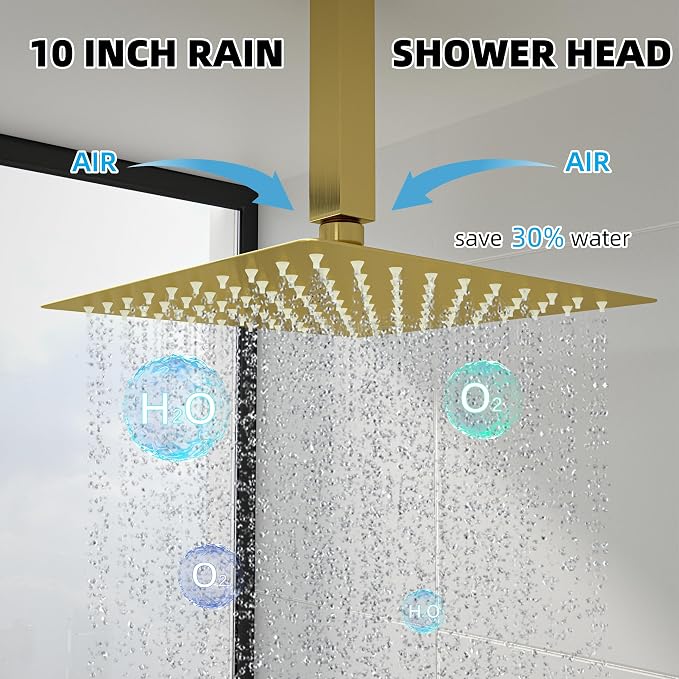 Ceiling Mount Shower System with Tub Spout, 10-Inch High-Pressure Rain Showerhead and Handheld Combo, Brushed Gold Shower Faucet Set with Rough-in Valve and Trim Kit, All-Metal - Image 3