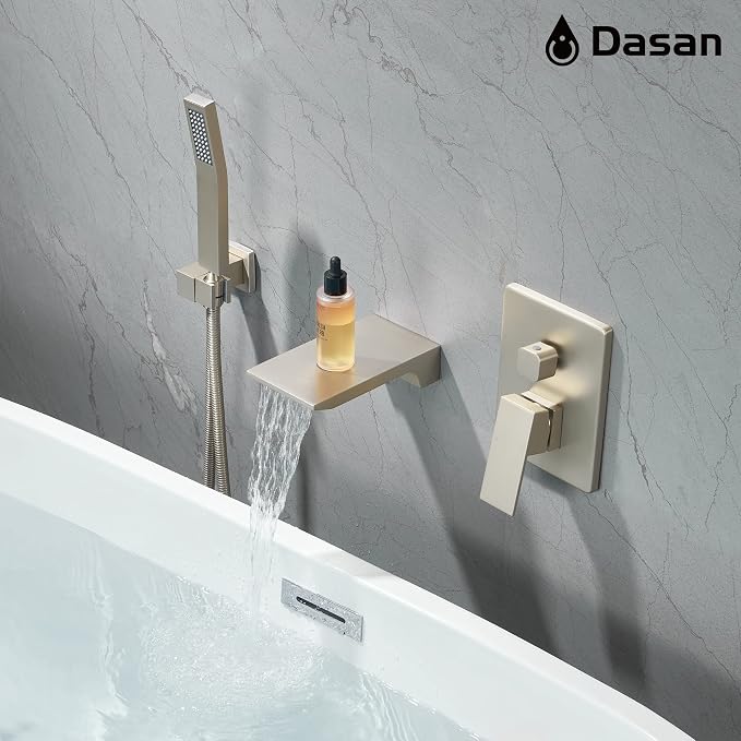 DASAN Waterfall Tub Filler Faucet Wall Mount with Hand Shower, Modern Wall Mounted Bathtub Faucet Brushed Nickel Tub Faucet with High Flow Rough in Valve, SA-TF01WH-BN - Image 4