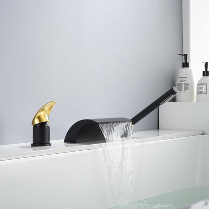 SUMERAIN Waterfall Roman Tub Faucet Deck Mount Bathtub Faucet Brass Tub Filler with Hand Shower, Black and Gold Finish - Image 5