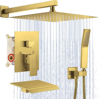 JOMEOO® 12 Inch Brushed Gold Shower Head with Tub Spout, 3 Function Wall Mounted Bathtub Shower Faucet Set, Bathroom High Pressure Rain Shower Head with Handheld Sprayer Rough in Valve Body and Trim by JOMEOO