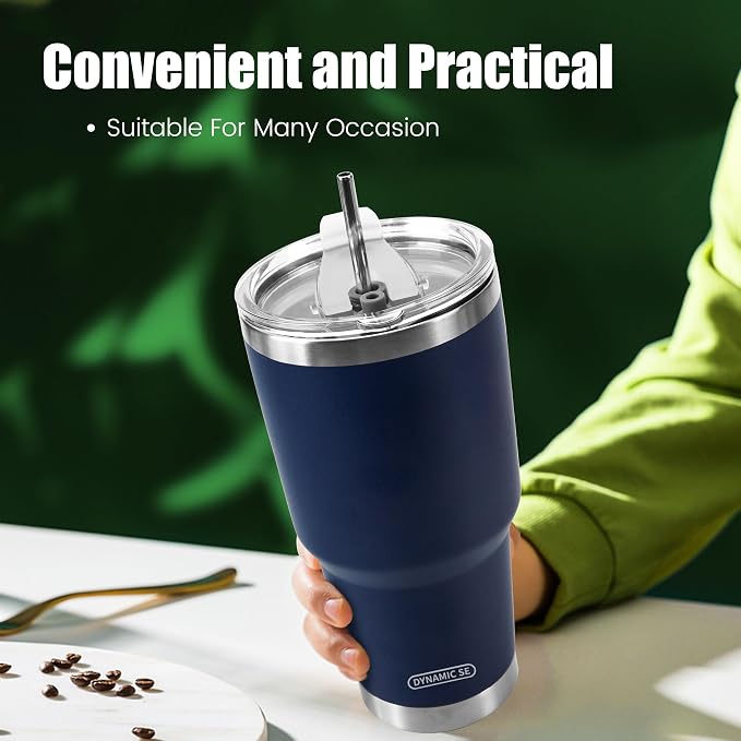 D·S 30 oz Navy Tumbler Stainless Steel Double Wall Vacuum Insulated Mug with Straw and Lid, Cleaning Brush for Cold and Hot Beverages - Image 7