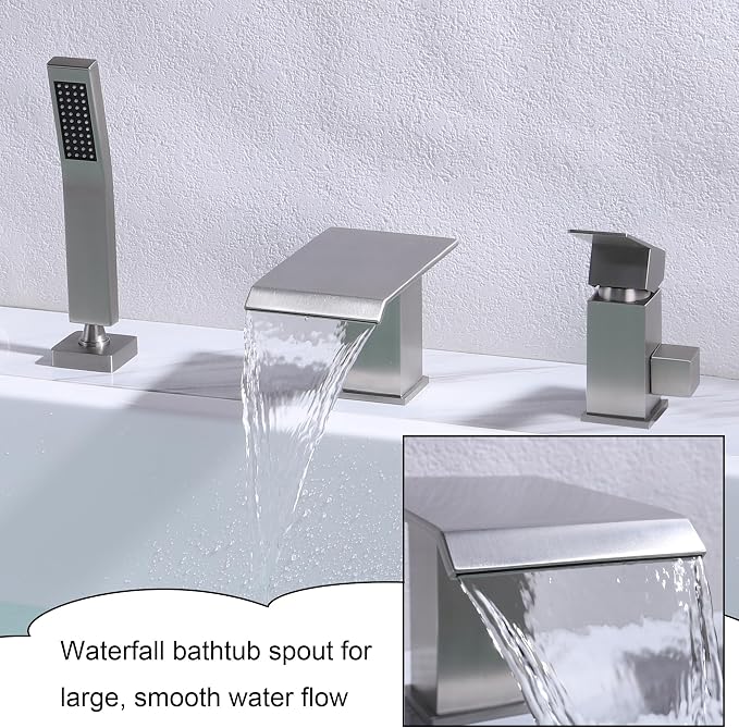 Roman Tub Faucet with Hand Shower, Deck Mount 3 Hole Bath Tub Faucet Set Bathtub Faucet with Handheld Sprayer, Brushed Nickel - Image 3