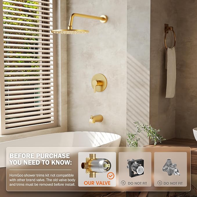 Tub Shower Faucet Set, Tub and Shower Trim Kit with 10 Inch High-Pressure Rian Shower Head,Shower Head and Handle Set, Brushed Gold - Image 2