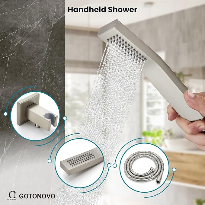 gotonovo Shower System with Tub Spout Wall Mounted Rain Shower Head and Handle Combo Shower Faucet Set with Valve, 12 Inch, Brushed Nickel - Image 6