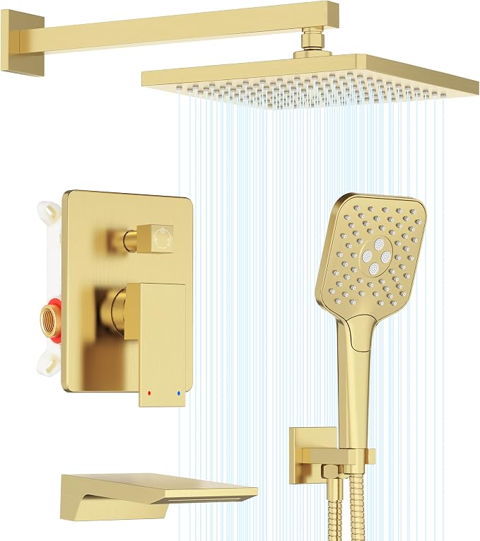 Gabrylly Shower System with Tub Spout, Wall Mounted Shower Faucet Set for Bathroom with High Pressure 10" Rain Shower head and 3-Setting Handheld Shower Head Set,Brushed Gold by GABRYLLY