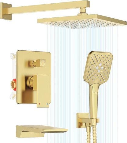 Gabrylly Shower System with Tub Spout, Wall Mounted Shower Faucet Set for Bathroom with High Pressure 10" Rain Shower head and 3-Setting Handheld Shower Head Set,Brushed Gold by GABRYLLY