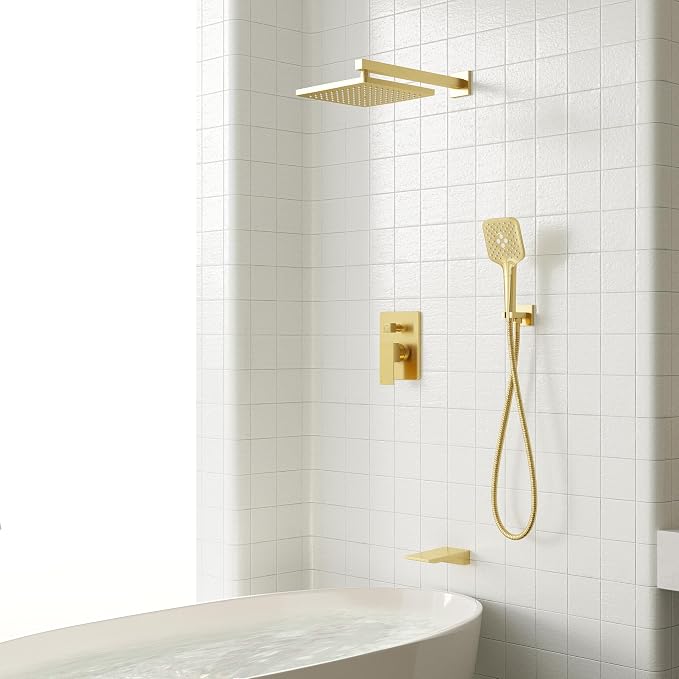 Gabrylly Shower System with Tub Spout, Wall Mounted Shower Faucet Set for Bathroom with High Pressure 10" Rain Shower head and 3-Setting Handheld Shower Head Set,Brushed Gold - Image 3