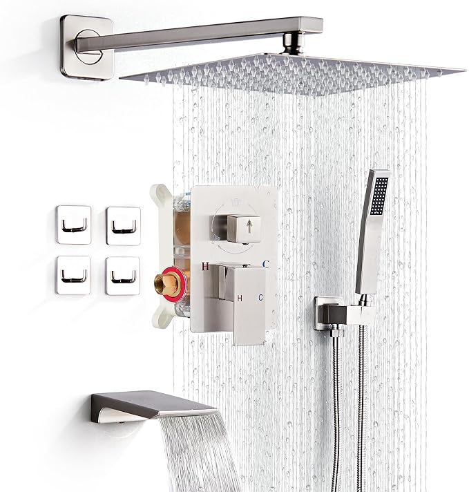 Shower Faucet Set Complete with Tub Spout Shower System Wall Mounted with 10 inch Rainfall Shower Head and Handheld Shower Rain Shower Combo for Bathroom, Brushed Nickel by LCEVCGK