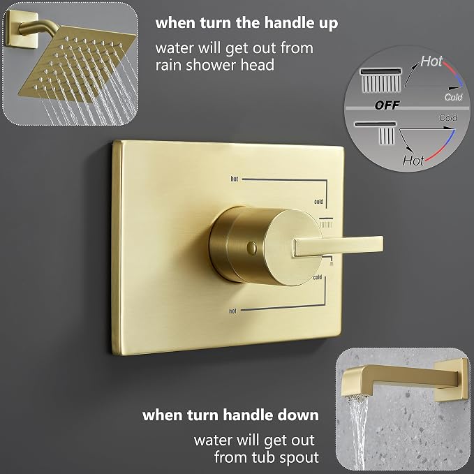SOOOHOT Brushed Gold Shower Fixtues, Tub and Shower Faucet Set Combo with 6 Inch Gold Shower Head and Tub Spout, Gold Shower Head and Handle Set (Valve Included) - Image 3