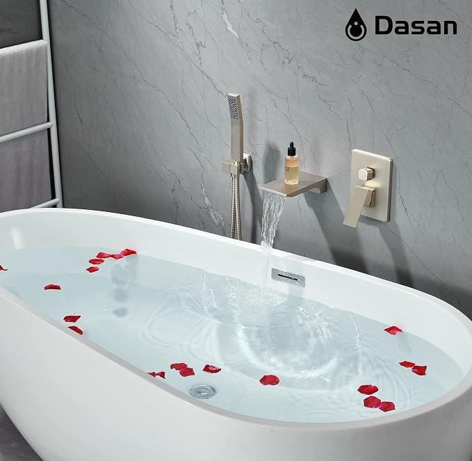 DASAN Waterfall Tub Filler Faucet Wall Mount with Hand Shower, Modern Wall Mounted Bathtub Faucet Brushed Nickel Tub Faucet with High Flow Rough in Valve, SA-TF01WH-BN - Image 2