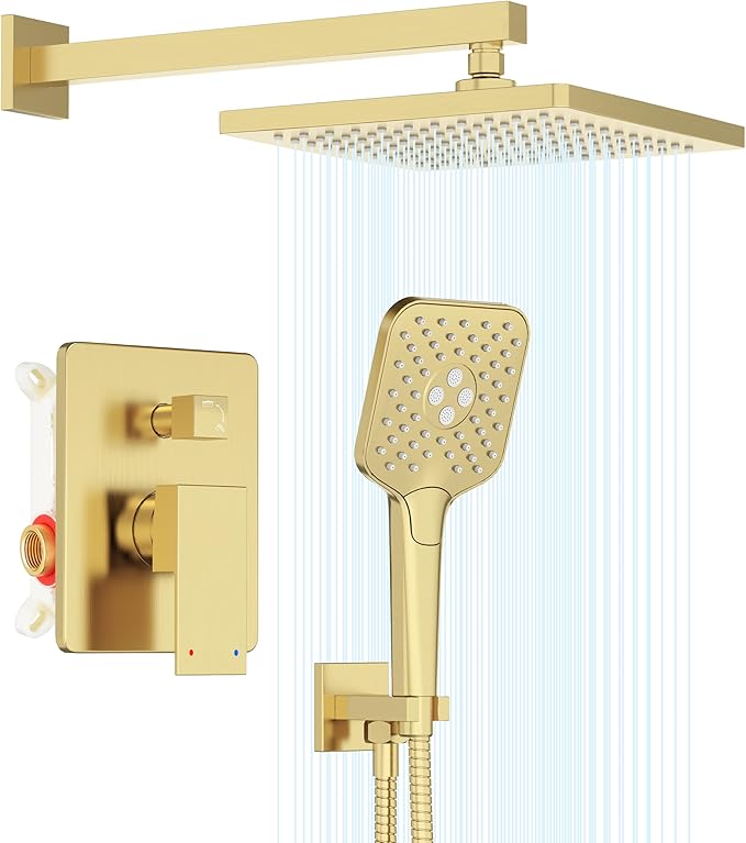 Gabrylly Shower System Gold, Wall Mounted Shower Faucet Set for Bathroom with High Pressure 10" Rain Shower head and 3-Setting Handheld Shower Head Set, 2 Way Shower Valve Kit, Brushed Gold by GABRYLLY