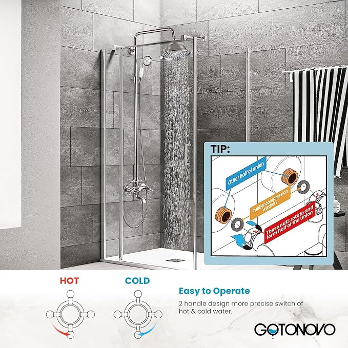 gotonovo Bathroom Exposed Shower Faucet Outdoor Shower System 8 Inch Rainfall Shower Head Set with Tub Spout and Handheld Spray Double Cross Handles Wall Mount without Shower Shelf Brushed Nickel - Image 5