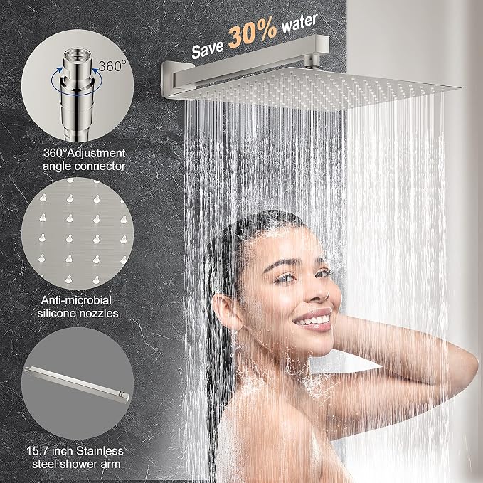 JOMEOO® 10 Inch Shower System with Tub Spout, 3 Function Brushed Nickel Bathtub Shower Faucet Set, Wall Mounted Bathroom High Pressure Shower Head with Handheld Sprayer Rough in Valve Body and Trim - Image 3