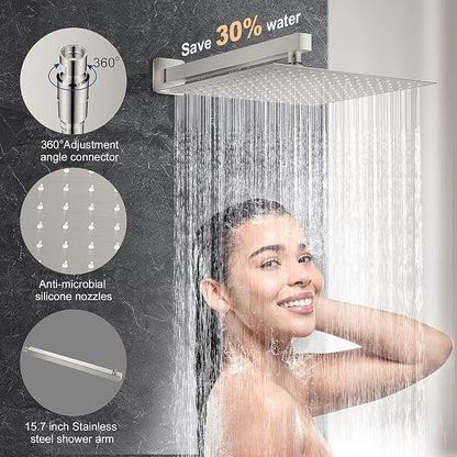 JOMEOO® 10 Inch Shower System with Tub Spout, 3 Function Brushed Nickel Bathtub Shower Faucet Set, Wall Mounted Bathroom High Pressure Shower Head with Handheld Sprayer Rough in Valve Body and Trim - Image 3