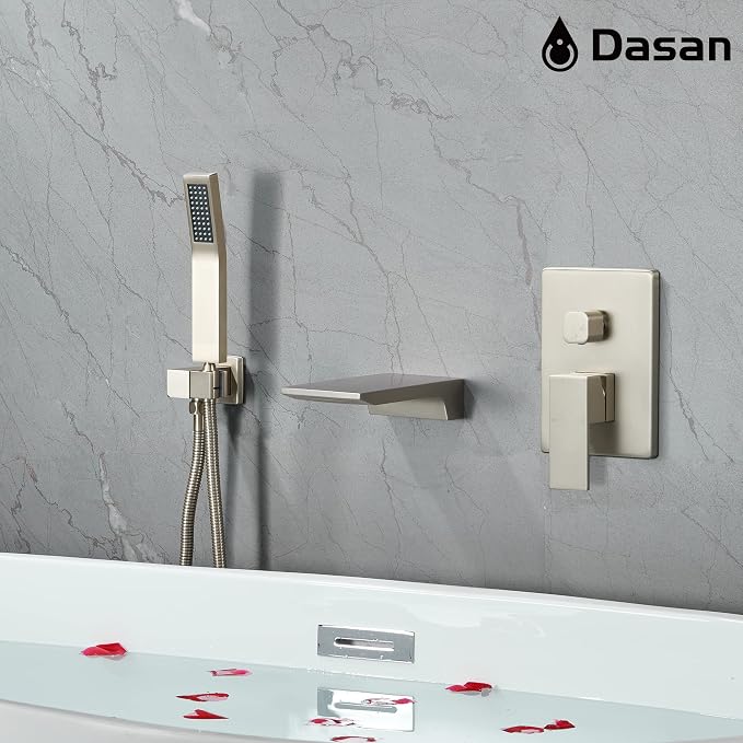 DASAN Waterfall Tub Filler Faucet Wall Mount with Hand Shower, Modern Wall Mounted Bathtub Faucet Brushed Nickel Tub Faucet with High Flow Rough in Valve, SA-TF01WH-BN - Image 5