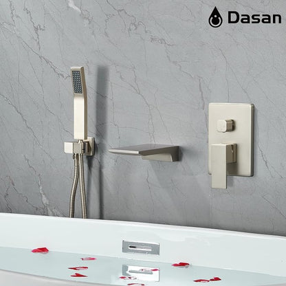 DASAN Waterfall Tub Filler Faucet Wall Mount with Hand Shower, Modern Wall Mounted Bathtub Faucet Brushed Nickel Tub Faucet with High Flow Rough in Valve, SA-TF01WH-BN - Image 5