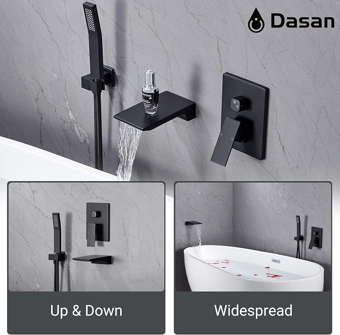DASAN Waterfall Tub Filler Faucet Wall Mount with Hand Shower, Modern Wall Mounted Bathtub Faucet Matte Black Tub Faucet with High Flow Rough in Valve, SA-TF01WH-MB - Image 3