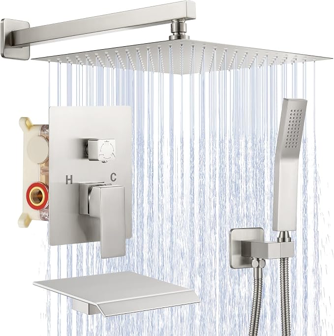 JOMEOO® 10 Inch Shower System with Tub Spout, 3 Function Brushed Nickel Bathtub Shower Faucet Set, Wall Mounted Bathroom High Pressure Shower Head with Handheld Sprayer Rough in Valve Body and Trim by JOMEOO