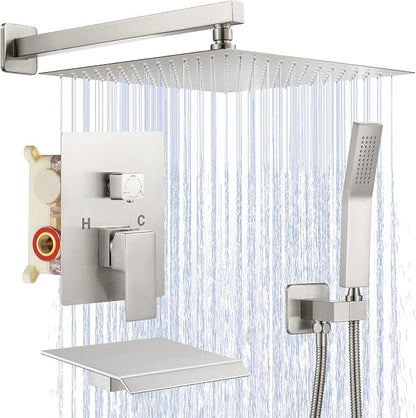 JOMEOO® 10 Inch Shower System with Tub Spout, 3 Function Brushed Nickel Bathtub Shower Faucet Set, Wall Mounted Bathroom High Pressure Shower Head with Handheld Sprayer Rough in Valve Body and Trim by JOMEOO