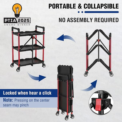 WORKPRO 3-Tier Collapsible Service Cart, 210 LBS Foldable Utility Cart - Image 2