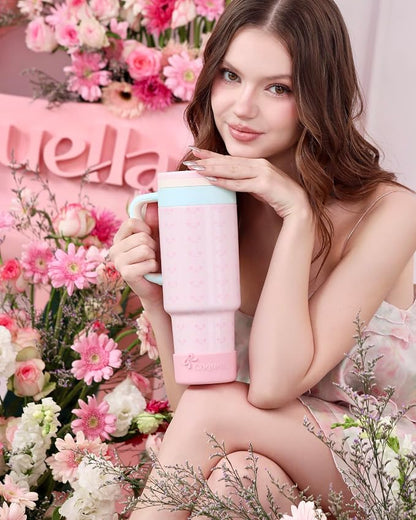 40 oz Insulated Tumbler with Handle and Push-Button Straw Lid, Stainless Steel Travel Cup for Gym Office, Leakproof, BPA-Free, Cup Holder Friendly, Bow Silicone Boot, Pink (Coquette Bloom) - Image 7