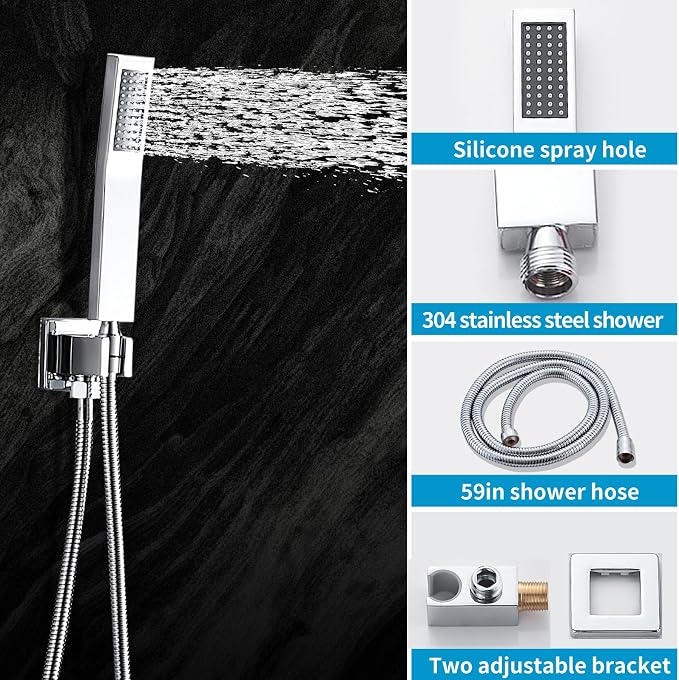 Chrome Shower Faucet Set with Tub Spout 8 Inch, Shower Head and Handle Set with 2 Hooks, Tub and Shower Faucet Combo, Rain Shower and Handheld Shower System Square Wall Mount for Bathroom - Image 3