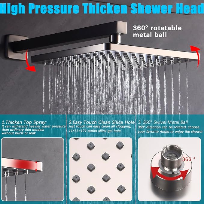 Shower System with 10 Inch Overhead Shower 4 Setting Handheld Spray Rough In Pressure Balance Valve Body with Trim Kit Wall Mounted Rainfall Shower Faucet Set (Brushed Nickel) - Image 4
