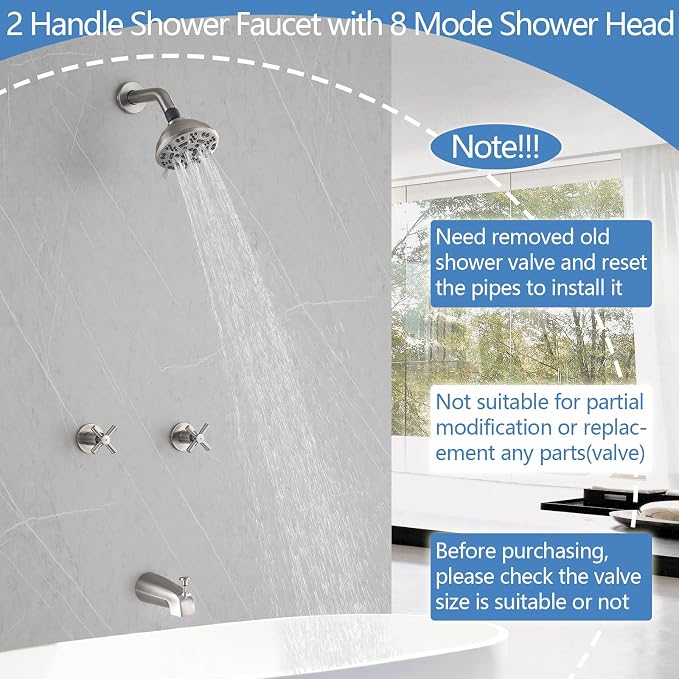 2 Handles Shower Faucet Set with Tub Spout Bathtub Shower Faucet Combo Set Shower System Complete Tub and Shower Trim Kit Wall Mounted Shower Fixtures Brushed Nickel - Image 3