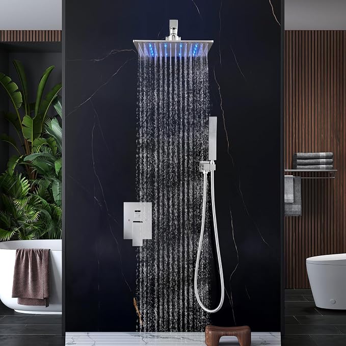Aolemi Shower Faucet Set with Handheld Spray High Pressure Shower System Shower Faucets Sets Complete Rough-in Valve and Shower Trim Kit Wall Mount Rainfall 10 Inch LED Shower Head Polish Chrome - Image 8