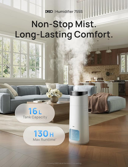 DREO 16L Smart Humidifier Large Room 1000 ft², 130H Cool Mist Air Humidifiers for Bedroom Plants Baby, Top Fill, Remote/Touch/Voice & APP Control, Clean Tank Technology, 30dB, RGB Light, HM755S White - Image 2