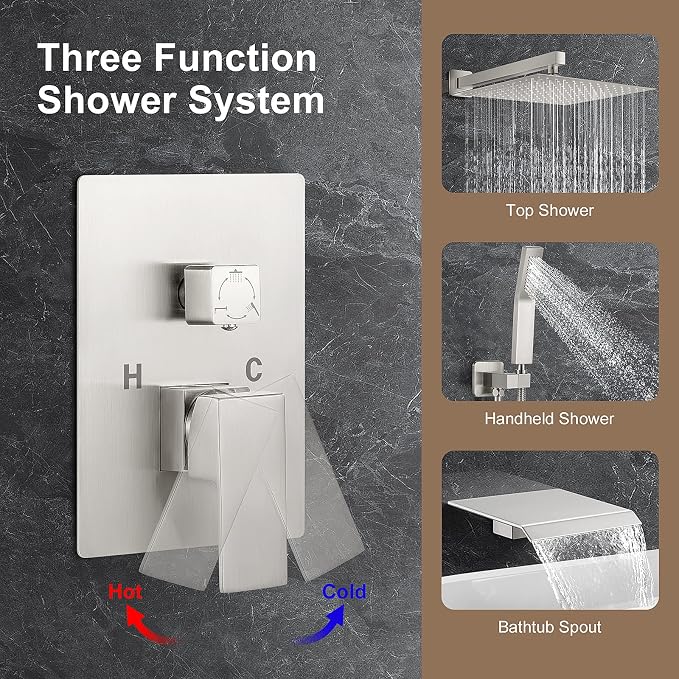 JOMEOO® 10 Inch Shower System with Tub Spout, 3 Function Brushed Nickel Bathtub Shower Faucet Set, Wall Mounted Bathroom High Pressure Shower Head with Handheld Sprayer Rough in Valve Body and Trim - Image 6