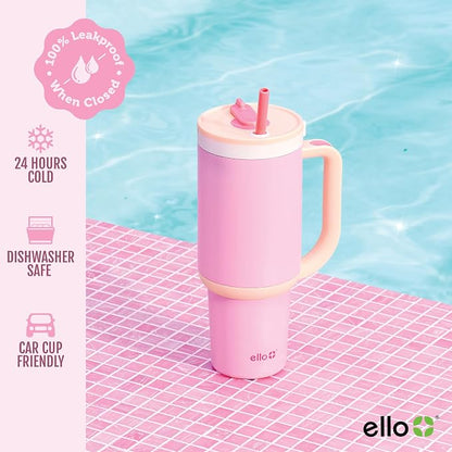 Ello Oasis 30 oz Tumbler with Handle & Retracting Straw | Reusable Insulated Stainless Steel Cup 100% Leakproof, Gifts for Teens Women Men | Keeps cold for 24 Hours, Cup Holder Friendly, Sunrise Glow - Image 5