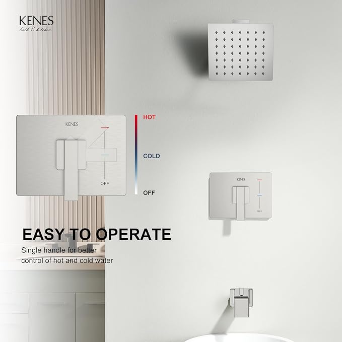 KENES Tub Shower Faucet Set Complete, Brushed Nickel Tub and Shower Trim Kit with 6-Inch Rain Shower Head, Square Shower System, KE-6025A (Shower Valve Included) - Image 4