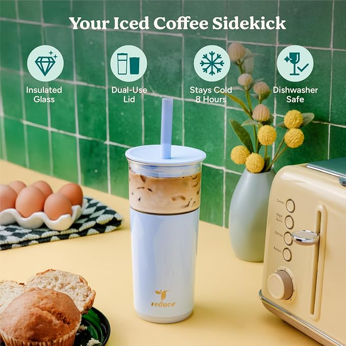 REDUCE Aspen 20 oz Vacuum Insulated Glass Tumbler with Lid & Extra Wide Straw - Keeps Drinks Cold for 12 Hrs - Ideal for Iced Coffee, Smoothies & Boba - Dishwasher Safe, Soft Base - Unbleached - Image 2