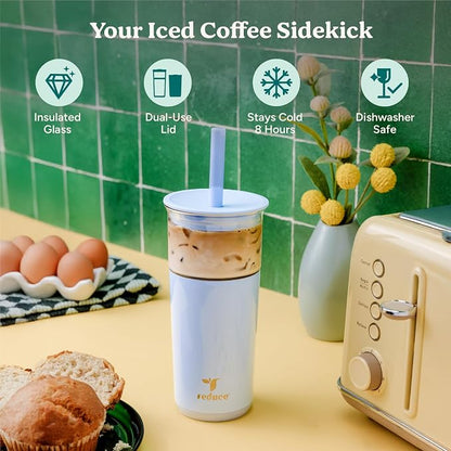 REDUCE Aspen 20 oz Vacuum Insulated Glass Tumbler with Lid & Extra Wide Straw - Keeps Drinks Cold for 12 Hrs - Ideal for Iced Coffee, Smoothies & Boba - Dishwasher Safe, Soft Base - Unbleached - Image 2