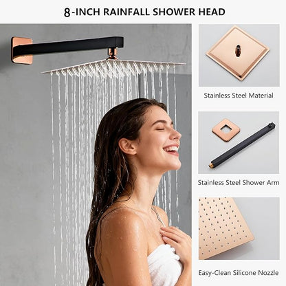 Rainfall Shower Faucet Set with Tub Spout 8 Inch, Shower Head and Handle with 2 Hooks, Rain Shower and Handheld Shower System Square Wall Mount for Bathroom - Image 8