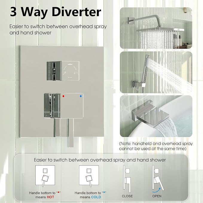 Esnbia Bathtub Shower Faucet Set, Rain Shower System with Tub Spout, 10 Inches Shower Heads with Handheld Spray Combo, Wall Mounted Shower Fixtures with Shower Valve kit, Chrome - Image 6