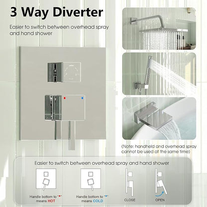Esnbia Bathtub Shower Faucet Set, Rain Shower System with Tub Spout, 10 Inches Shower Heads with Handheld Spray Combo, Wall Mounted Shower Fixtures with Shower Valve kit, Chrome - Image 6