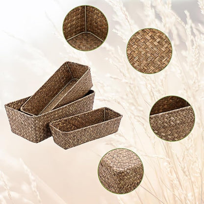 3 Natural Wicker Basket Set Rectangular Handwoven Seagrass Basket Storage Bins - Image 5