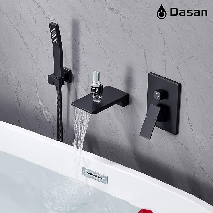 DASAN Waterfall Tub Filler Faucet Wall Mount with Hand Shower, Modern Wall Mounted Bathtub Faucet Matte Black Tub Faucet with High Flow Rough in Valve, SA-TF01WH-MB - Image 4